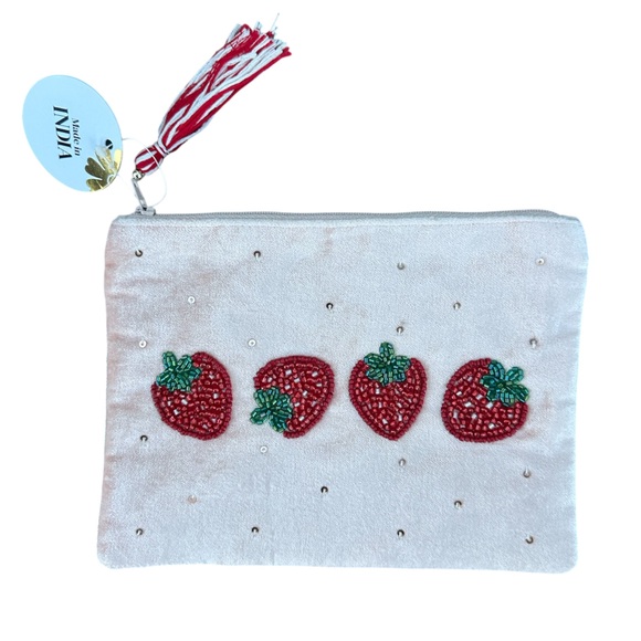 Handbags - Strawberry Beaded Velvet Zipper Pouch Clutch